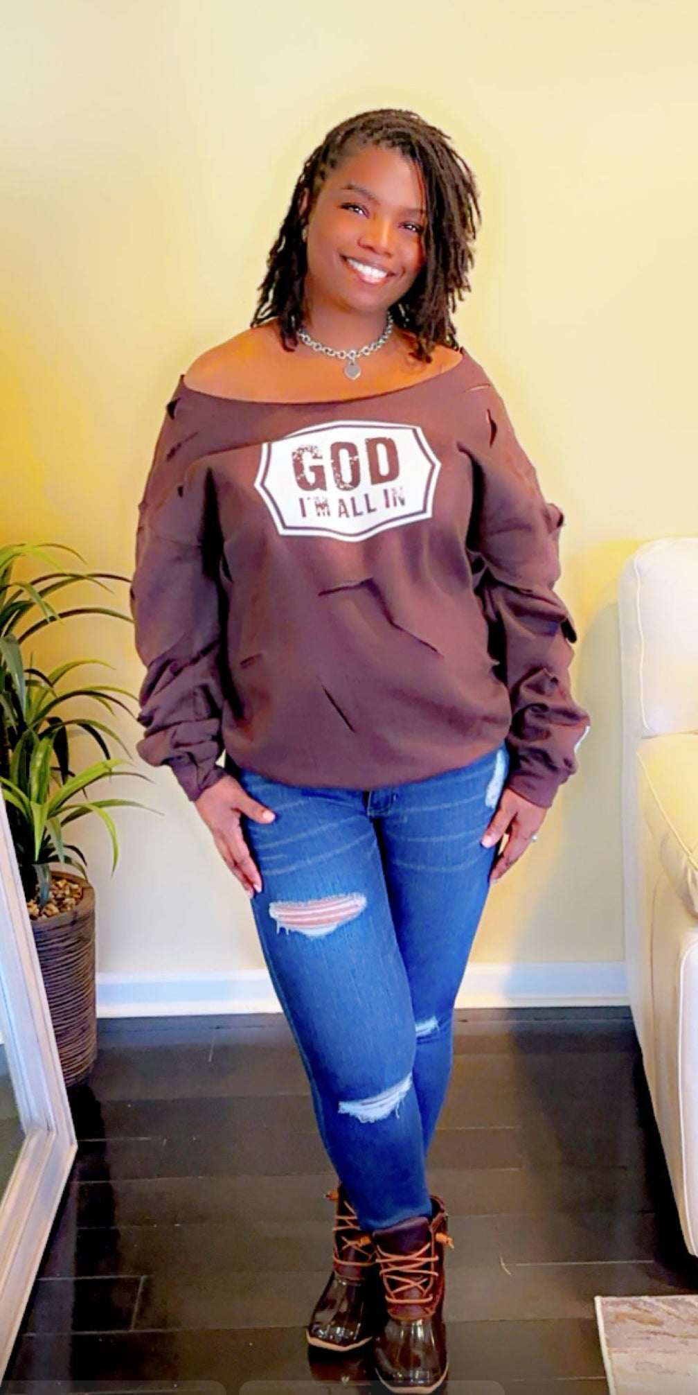Chocolate Brown off the shoulder cut up sweatshirt